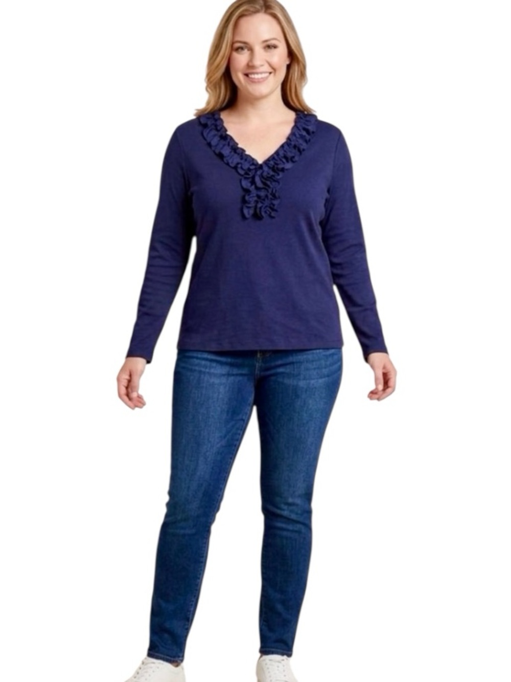 Chaps Navy Blue V-Neck Women's Tee with Ruffles, XL Size - Picture 2 of 12